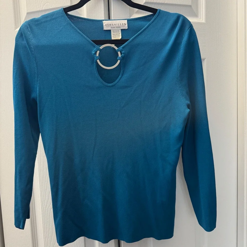 Y2K Versailles New York Teal Ribbed Knit Keyhole Ring Top Teal Blue Size Women M